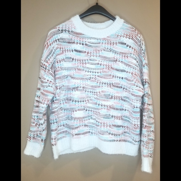 5⭐Fuzzy white boho multi print oversized chunky knit pullover crew neck sweater - Picture 9 of 11